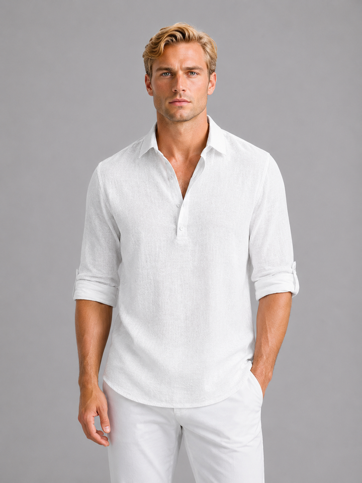 Men's Linen Look Long Sleeve Shirt with Relaxed Fit - Breathable Summer Shirt — White