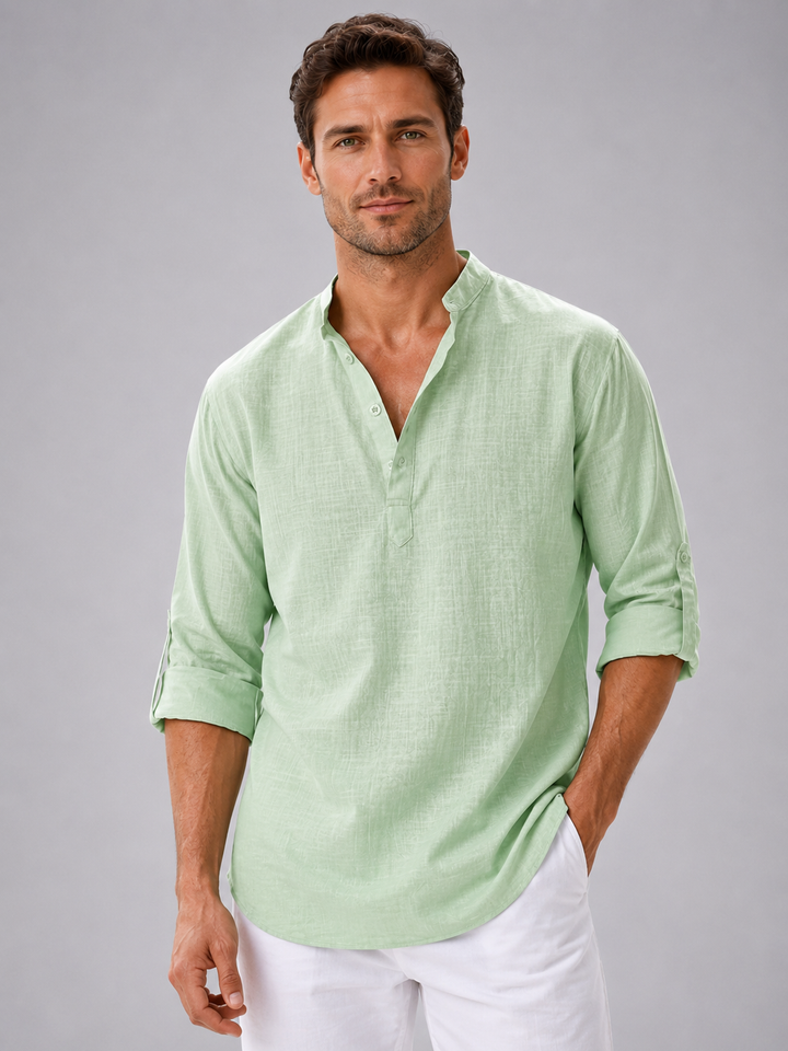 Men's Linen Look Shirt with Stand Collar - Relaxed Summer Style — Green