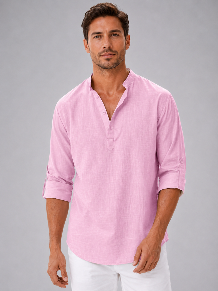 Men's Linen Look Shirt with Stand Collar - Relaxed Summer Style — Pink