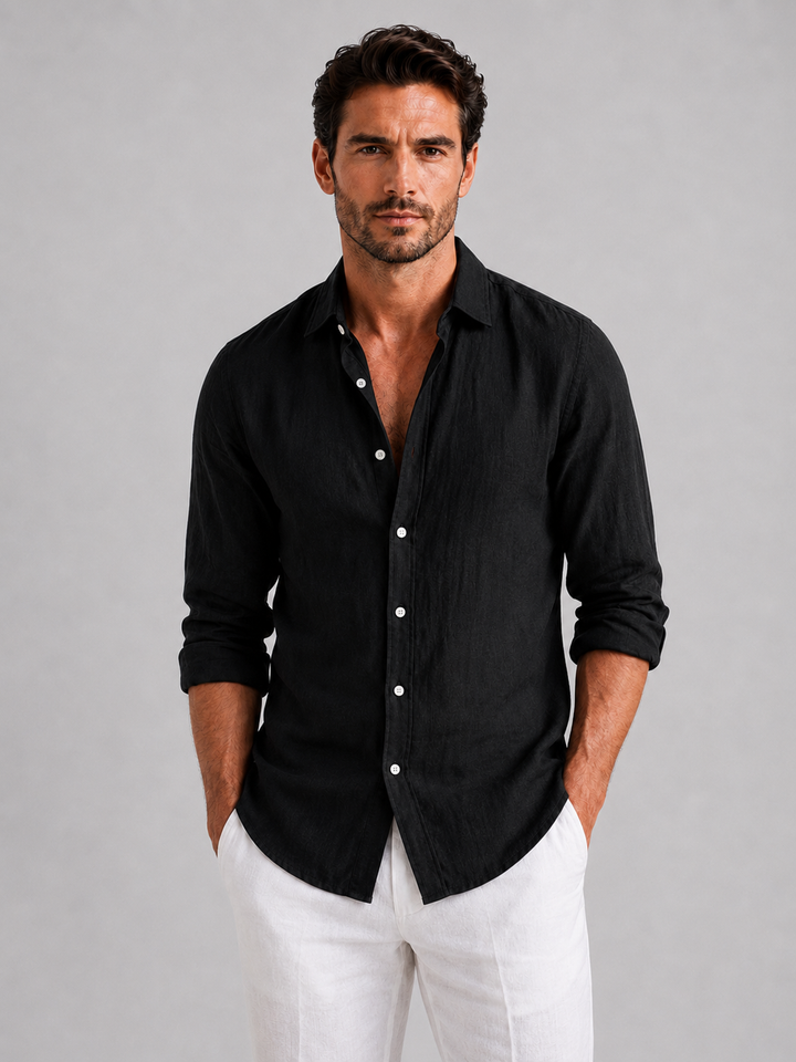 Men's Linen Look Summer Shirt - Relaxed Fit Button-Up — Black