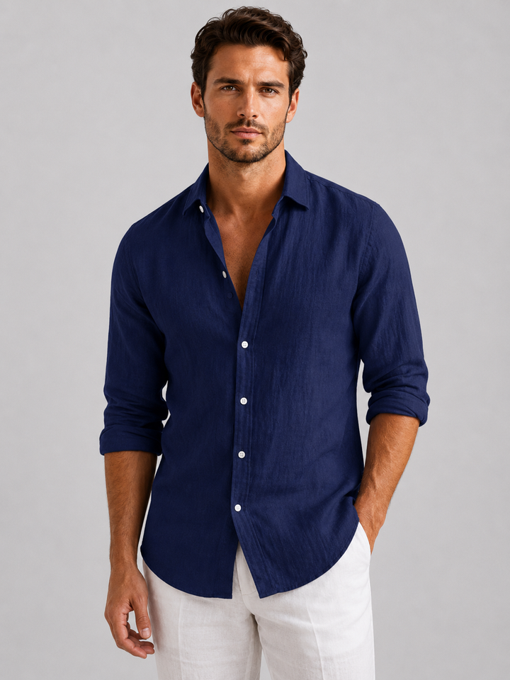 Men's Linen Look Summer Shirt - Relaxed Fit Button-Up — Navy