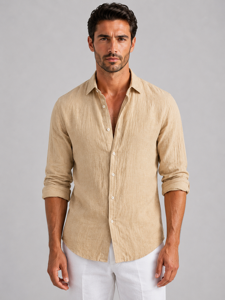 Men's Linen Look Summer Shirt - Relaxed Fit Button-Up — Beige