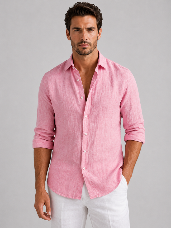 Men's Linen Look Summer Shirt - Relaxed Fit Button-Up — Pink