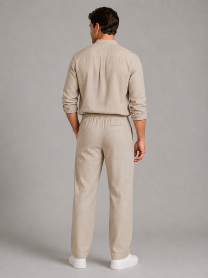 Men's Linen Look Two-Piece Set – Shirt & Drawstring Trousers