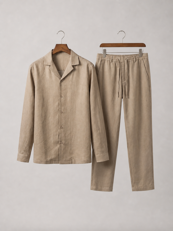Men's Linen Look Shirt and Trousers Set with Relaxed Fit - Two-Piece Summer Outfit — Khaki