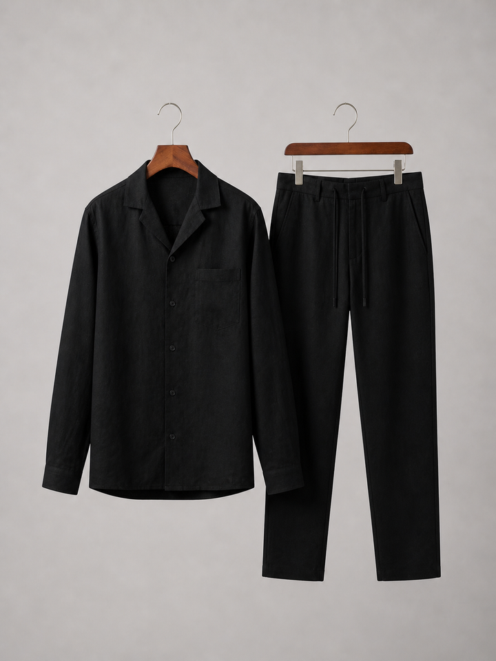 Men's Linen Look Shirt and Trousers Set with Relaxed Fit - Two-Piece Summer Outfit — Black