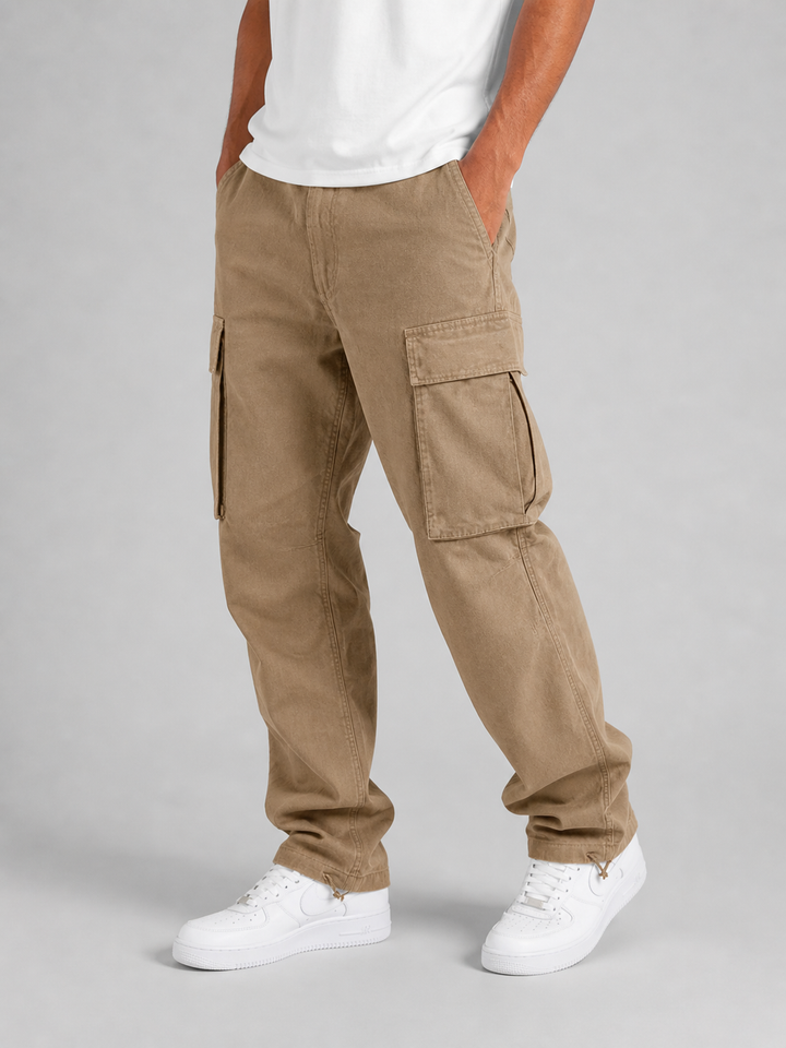 Men's Relaxed Fit Cotton Cargo Trousers with Multiple Pockets - Everyday Utility Style — Khaki
