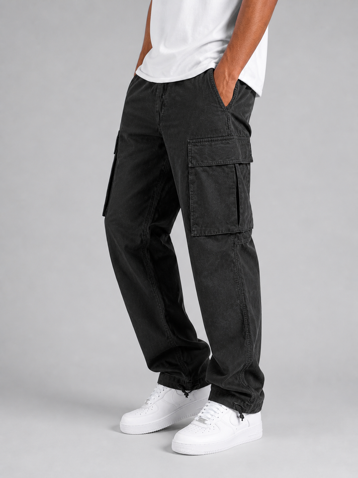 Men's Relaxed Fit Cotton Cargo Trousers with Multiple Pockets - Everyday Utility Style — Black