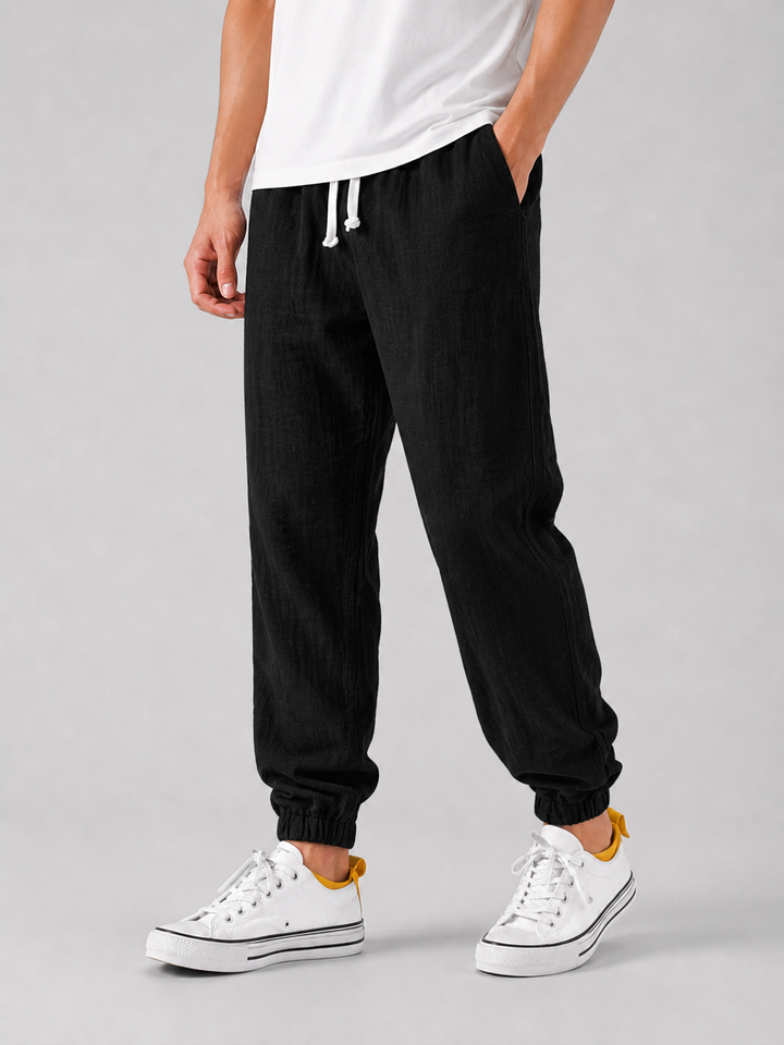 Men's Relaxed Fit Linen Style Trousers - Breathable Summer Comfort Pants — Black