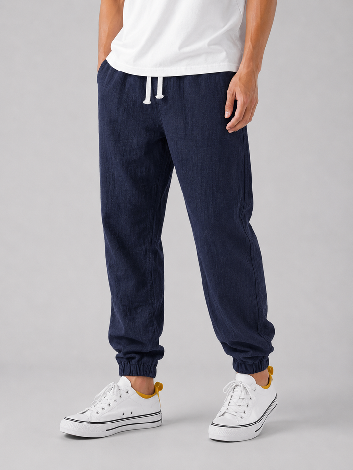Men's Relaxed Fit Linen Style Trousers - Breathable Summer Comfort Pants — Navy