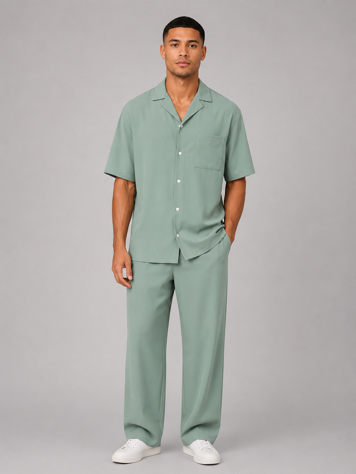Men's Short Sleeve Shirt & Drawstring Trousers Co-Ord - Relaxed Summer Set — Sage