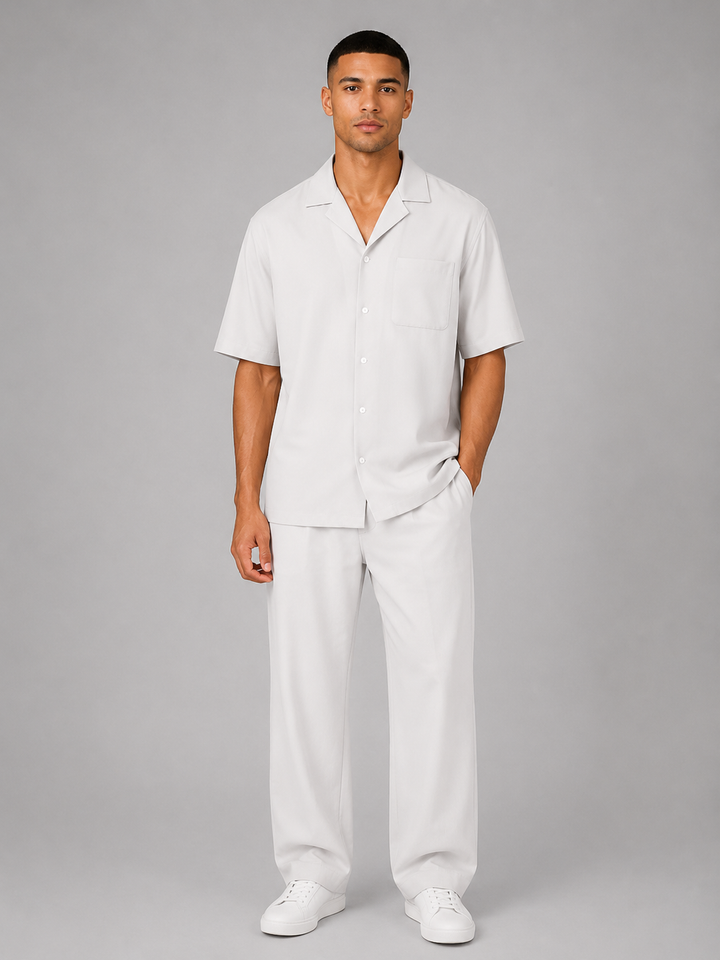 Men's Short Sleeve Shirt & Drawstring Trousers Co-Ord - Relaxed Summer Set — Ivory