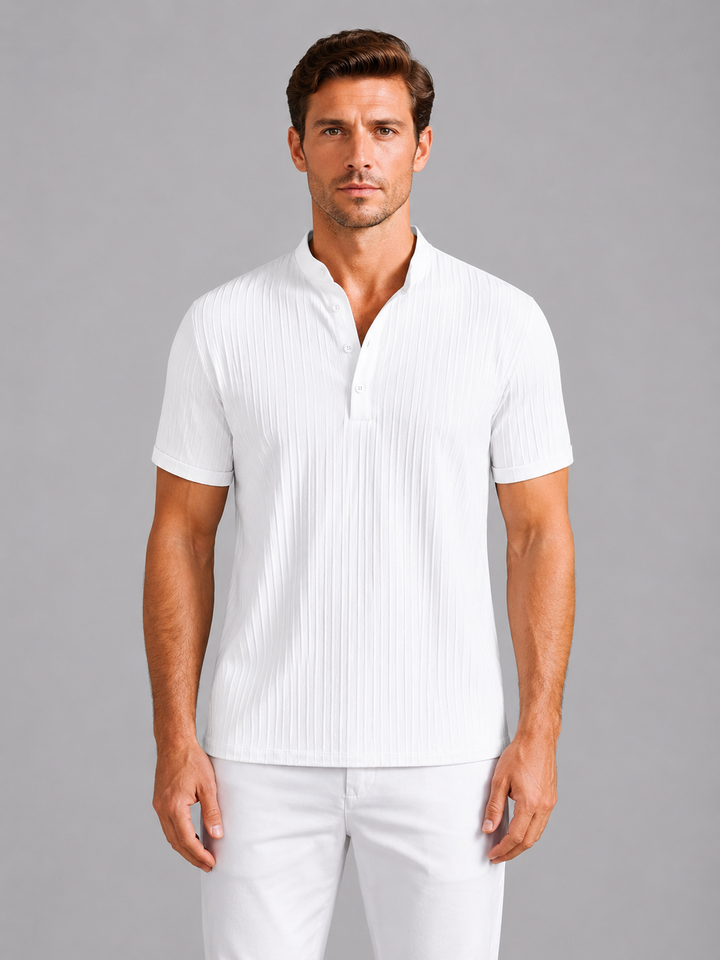 Men's Ribbed Henley Shirt with Button Placket - Lightweight Short-Sleeve Summer Top — White
