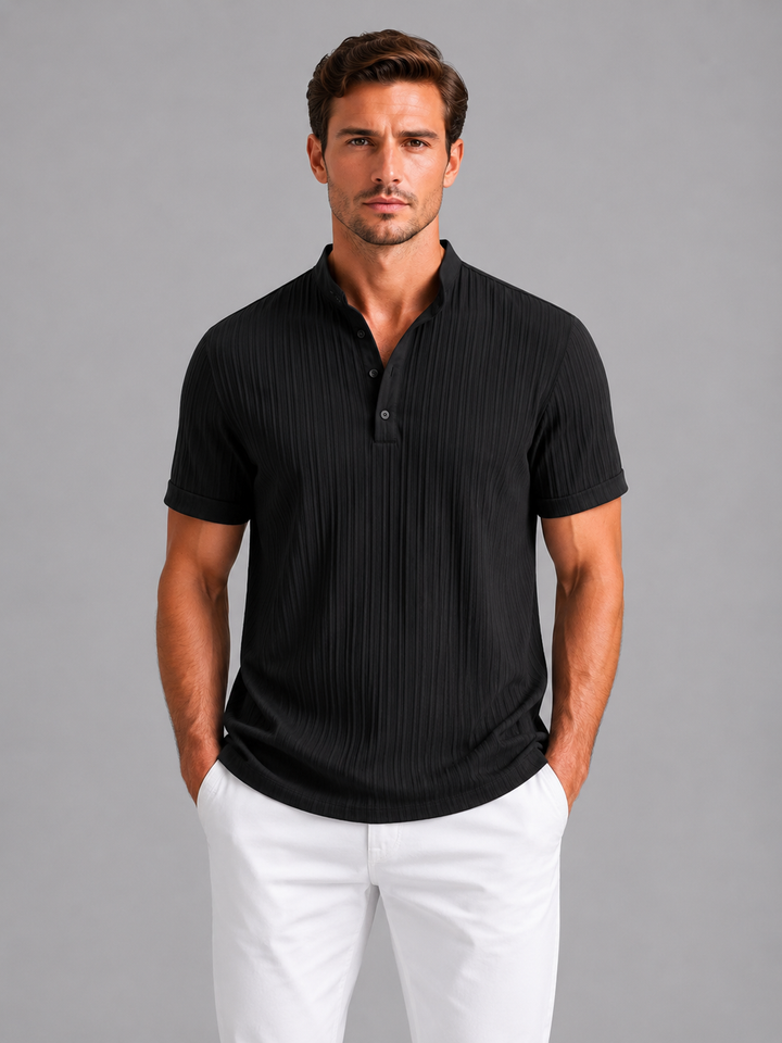 Men's Ribbed Henley Shirt with Button Placket - Lightweight Short-Sleeve Summer Top — Black