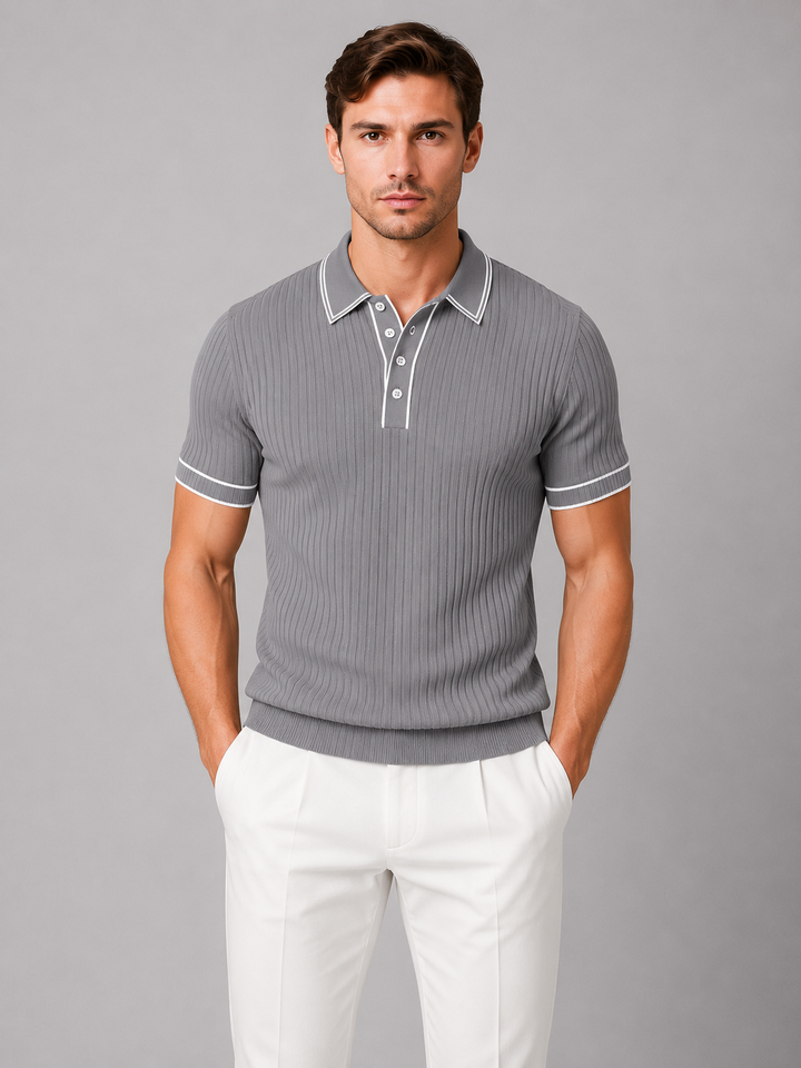Men's Ribbed Knit Polo Shirt - Breathable Fit — Grey