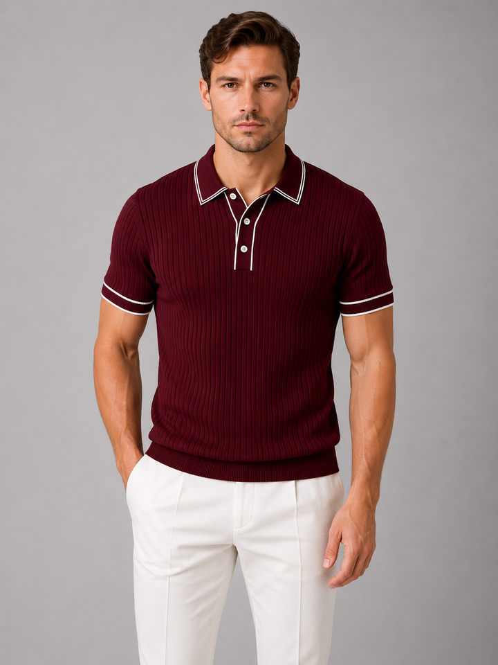 Men's Ribbed Knit Polo Shirt - Breathable Fit — Wine Red