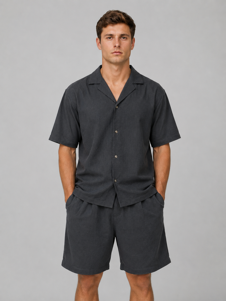 Men's Ribbed Summer Co-Ord Set with Matching Top and Shorts - Relaxed Two-Piece Look — Dark Grey
