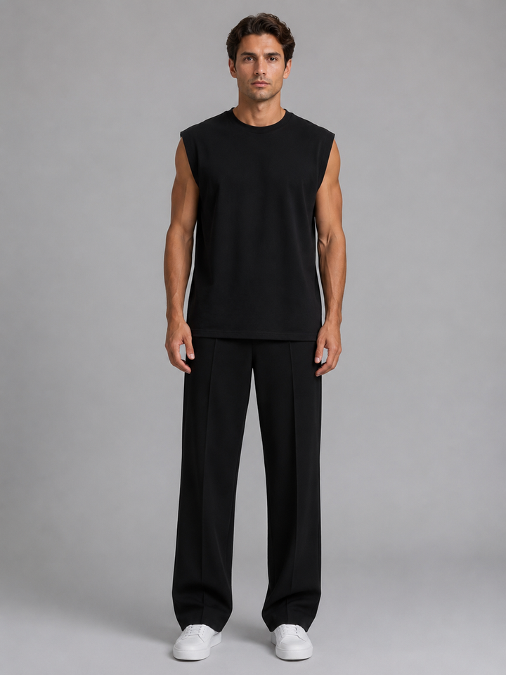 Men's Sleeveless Top & Wide Leg Trouser Co-Ord Set - Relaxed Fit Summer Two-Piece — Black