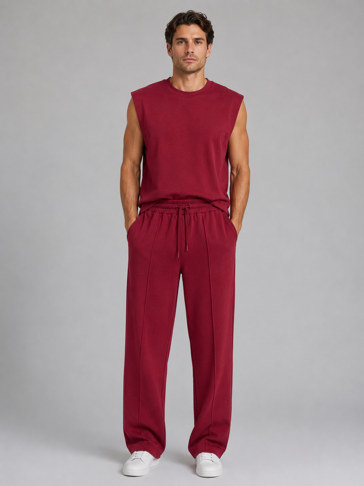 Men's Sleeveless Top & Wide Leg Trouser Co-Ord Set - Relaxed Fit Summer Two-Piece — Burgundy