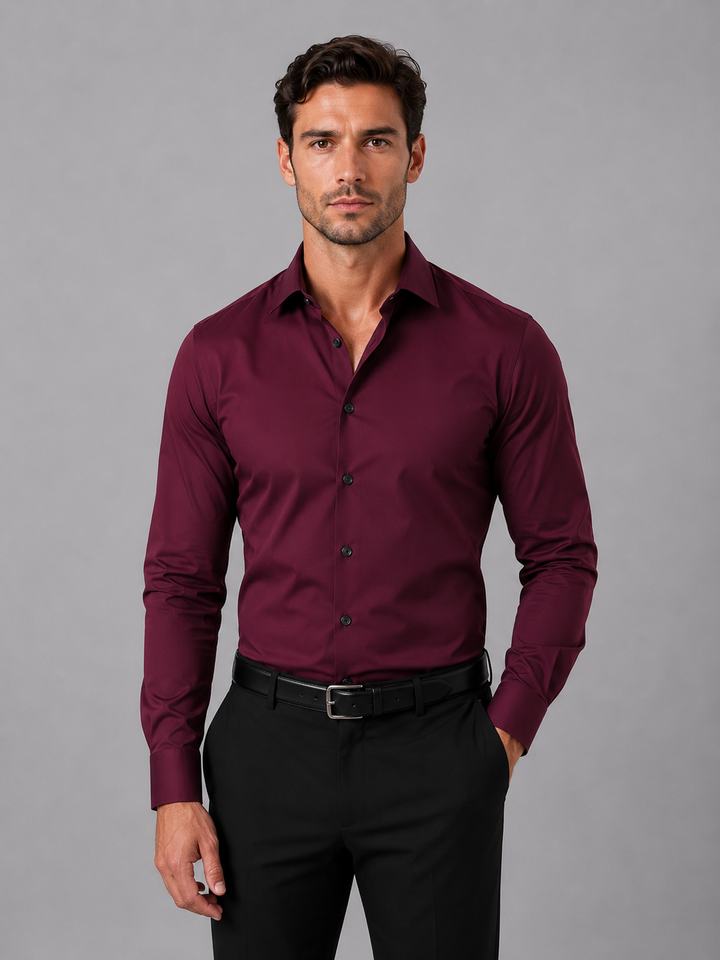 Men's Slim Fit Long Sleeve Dress Shirt - Smart Formal Business Shirt — Wine Red