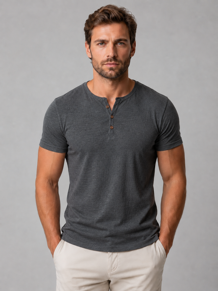 Men's Slim Fit Henley T-Shirt with Button Neck - Casual Everyday Essential — Grey