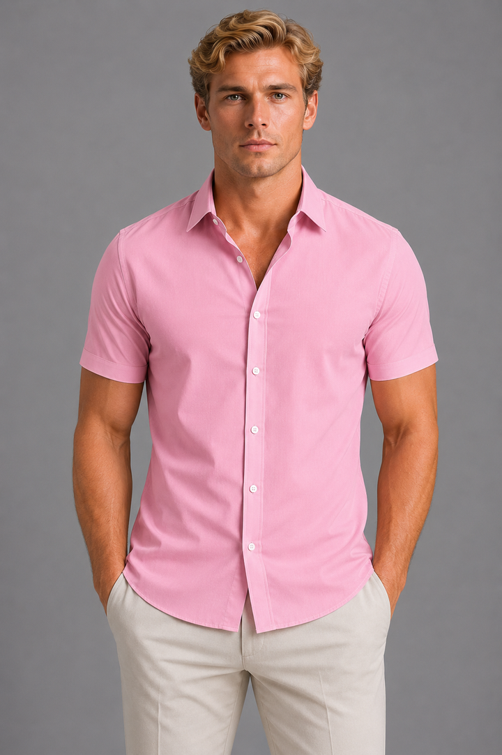 Men's Slim Fit Short Sleeve Shirt with Button Collar - Smart-Casual Summer Style — Pink