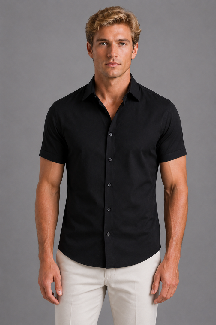Men's Slim Fit Short Sleeve Shirt with Button Collar - Smart-Casual Summer Style — Black