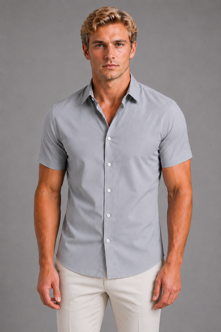 Men's Slim Fit Short Sleeve Shirt with Button Collar - Smart-Casual Summer Style — Grey