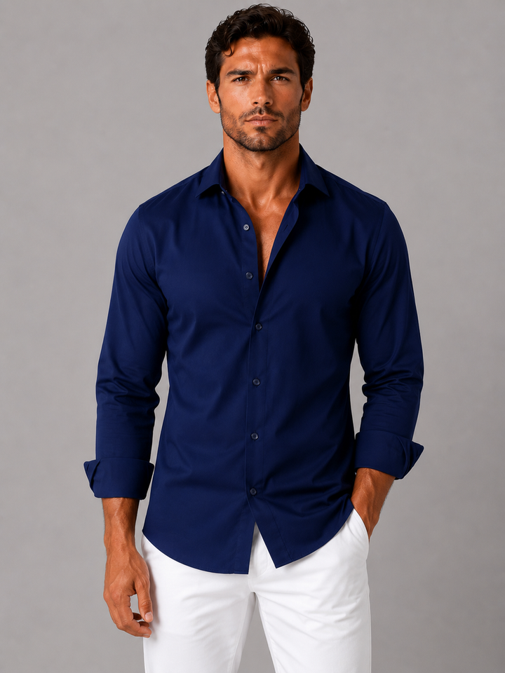 Men's Slim Fit Stretch Dress Shirt - Smart Business Formal Style — Navy