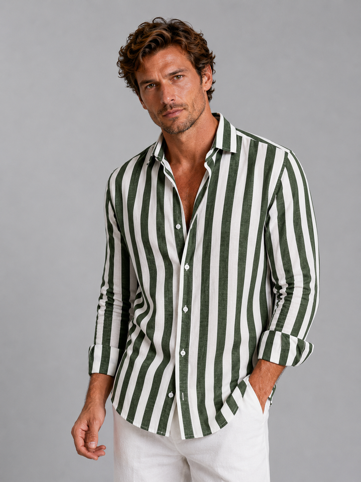 Men's Striped Linen Look Shirt - Relaxed Summer Style — Green