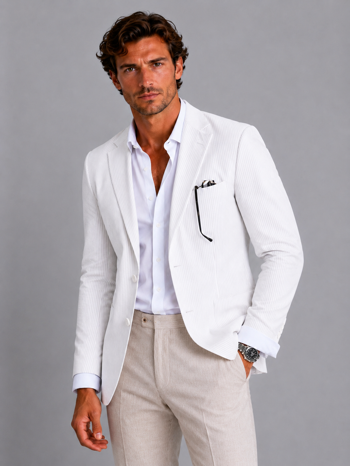 Men's Striped Summer Blazer - Lightweight Tailored Jacket — White