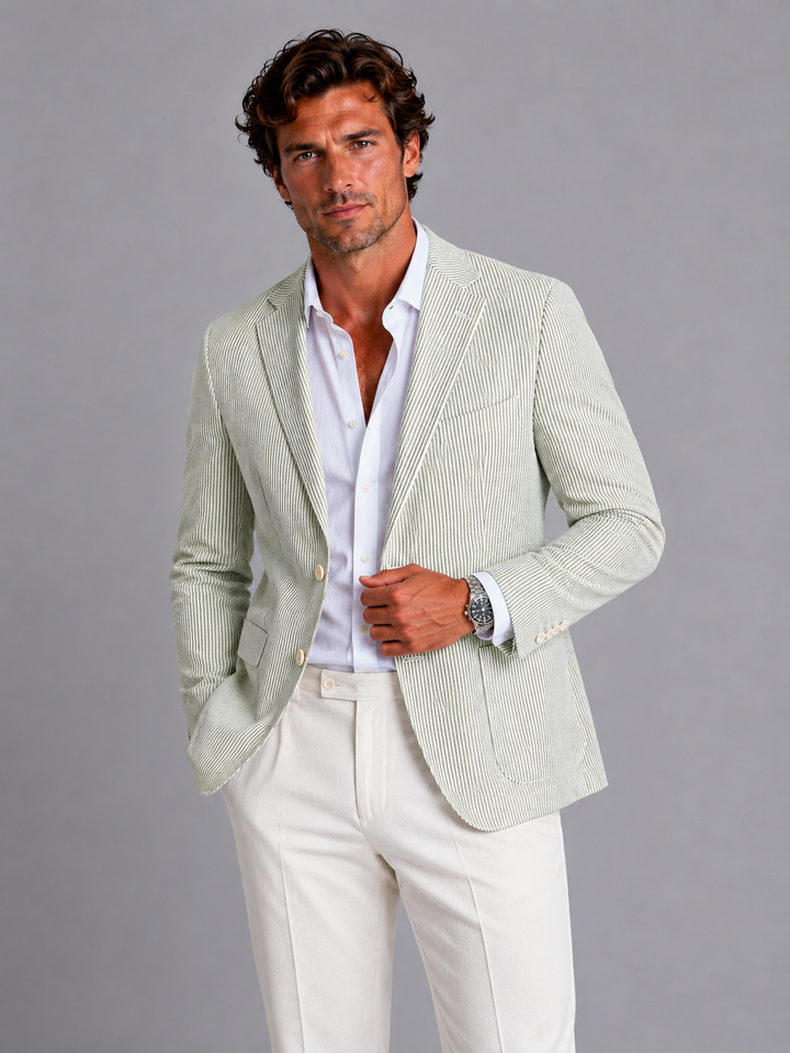 Men's Striped Summer Blazer - Lightweight Tailored Jacket — Green