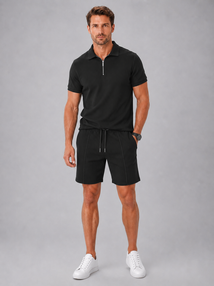 Men's Polo & Shorts Co-Ord Set - Summer Holiday Matching Outfit — Black
