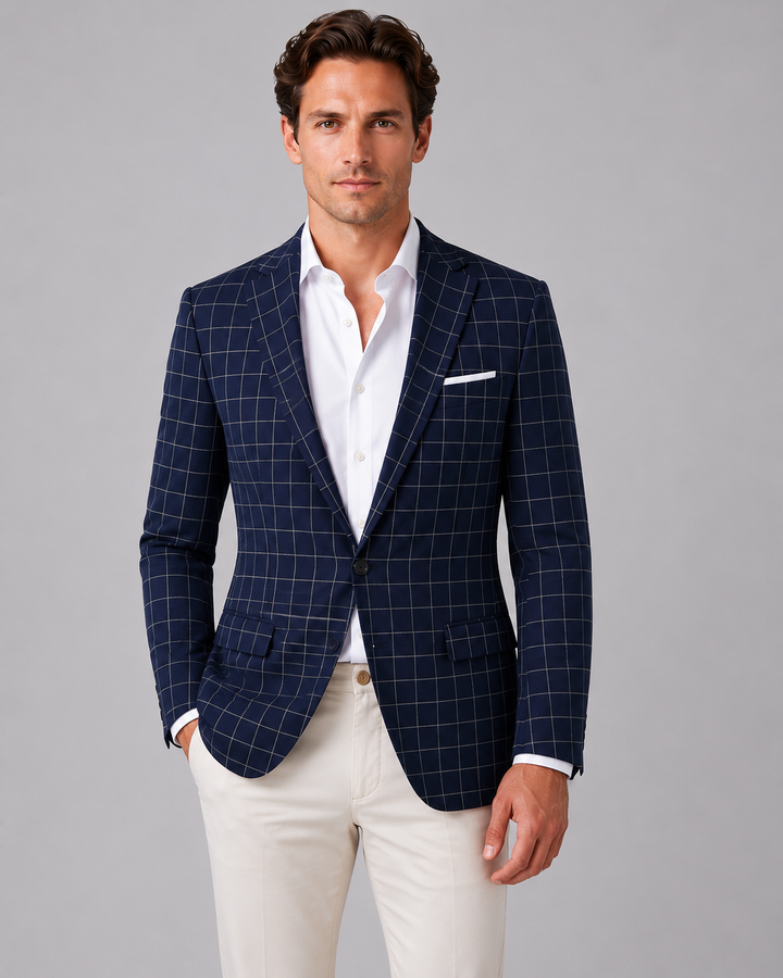Men's Tailored Windowpane Check Blazer - Smart Tailored Jacket — Navy