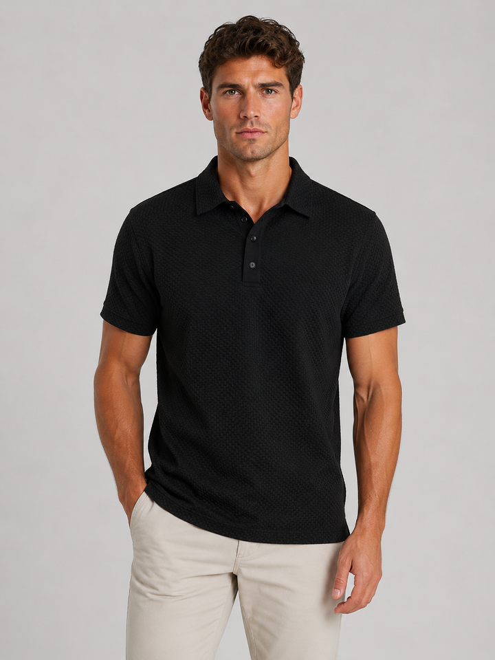 Men's Textured Knit Polo Shirt - Smart Casual Summer Style — Black