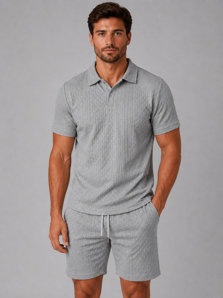 Men's Textured Polo Shirt & Shorts Co-Ord Set - Summer Holiday Matching Outfit — Grey
