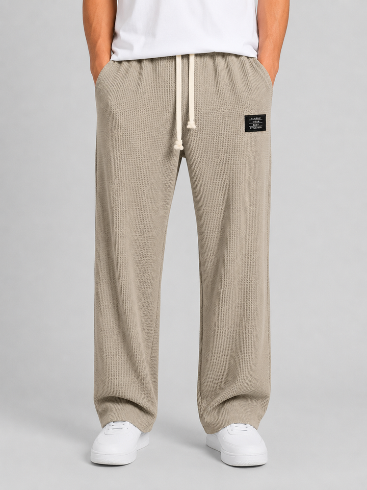 Men's Waffle Knit Trousers with Drawstring Waist - Relaxed Casual Lounge Pants — Khaki