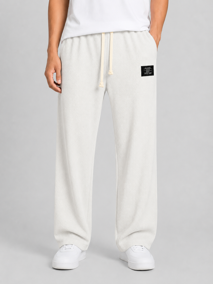 Men's Waffle Knit Trousers with Drawstring Waist - Relaxed Casual Lounge Pants — White