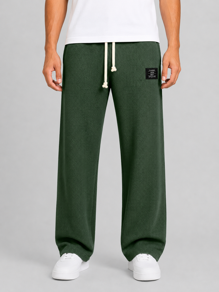 Men's Waffle Knit Trousers with Drawstring Waist - Relaxed Casual Lounge Pants — Green