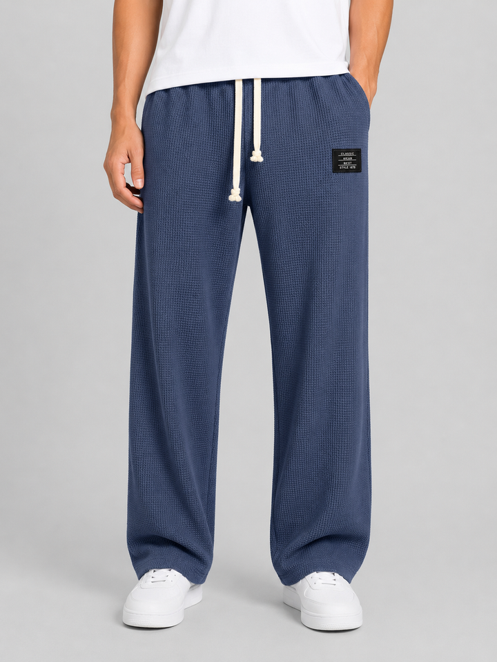 Men's Waffle Knit Trousers with Drawstring Waist - Relaxed Casual Lounge Pants — Blue