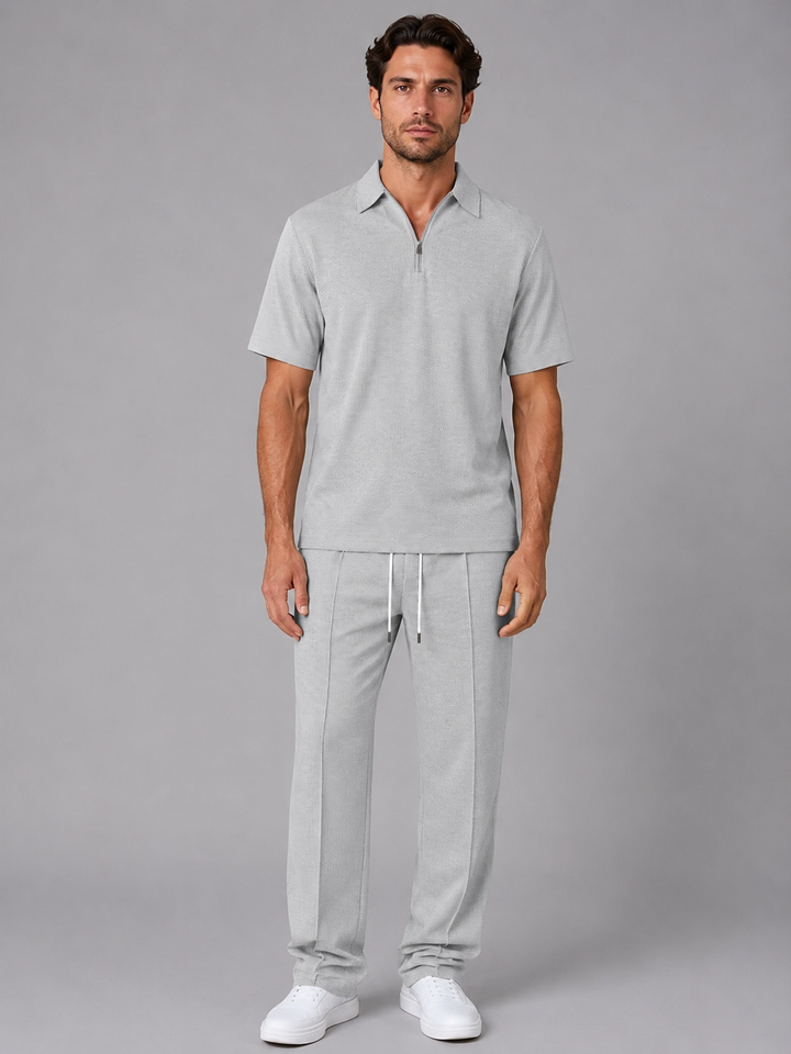 Men's Waffle Knit Zip Neck Polo & Drawstring Trousers Set - Relaxed Loungewear — Grey