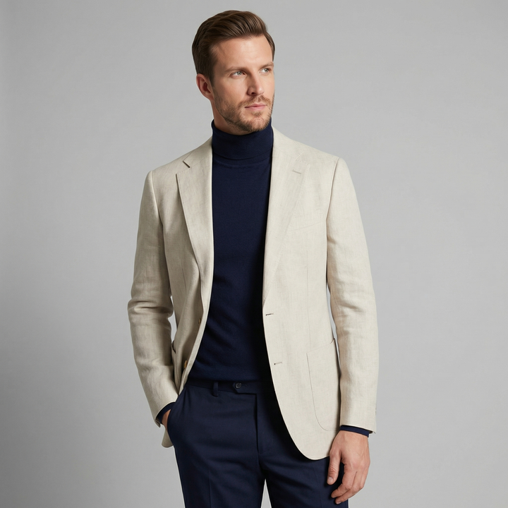 Men's Regular Fit Linen Blazer with Notched Collar - Elegant Semi-Formal Summer Style — Beige