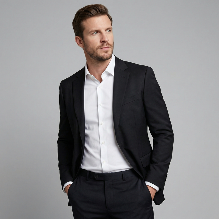 Men's Regular Fit Linen Blazer with Notched Collar - Elegant Semi-Formal Summer Style — Black