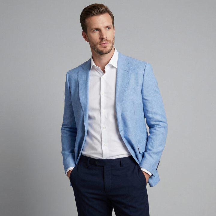 Men's Regular Fit Linen Blazer with Notched Collar - Elegant Semi-Formal Summer Style — Blue