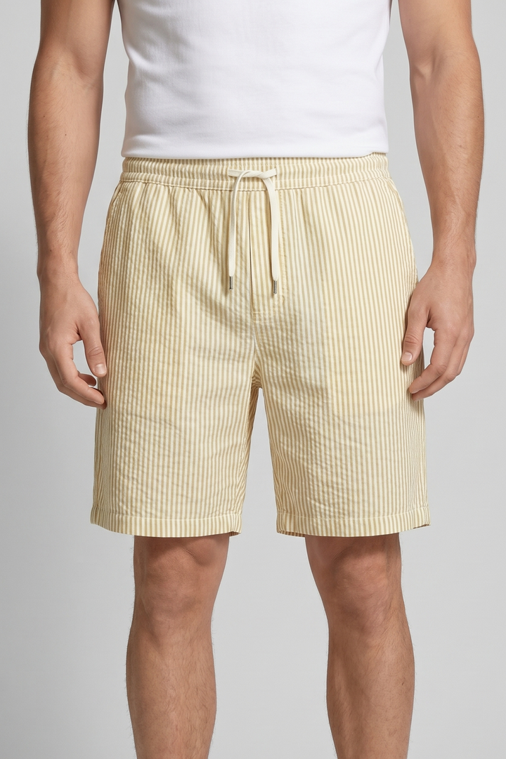 Men's Striped Summer Shorts with Drawstring Waist - Relaxed Holiday Casual Wear — Yellow