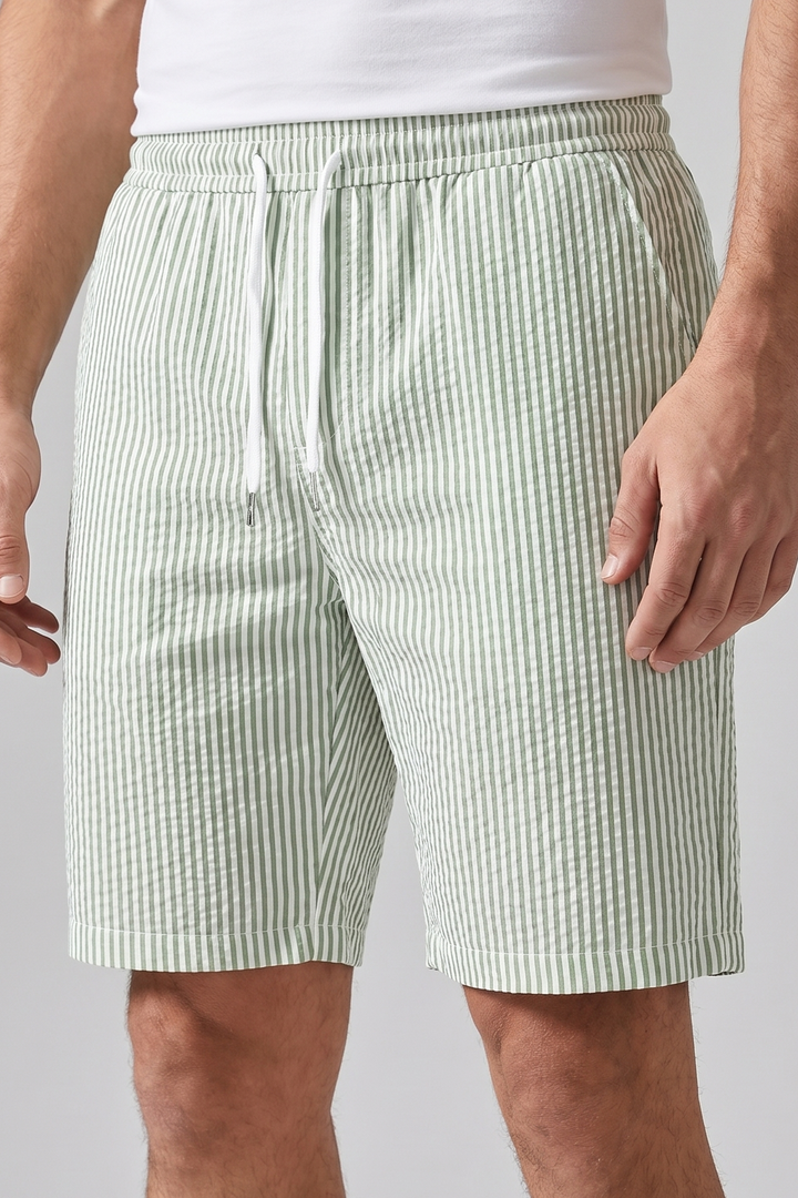 Men's Striped Summer Shorts with Drawstring Waist - Relaxed Holiday Casual Wear — Green