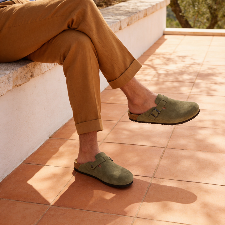Men's Suede-Effect Slip-On Clogs - Comfortable Summer Shoes — Olive