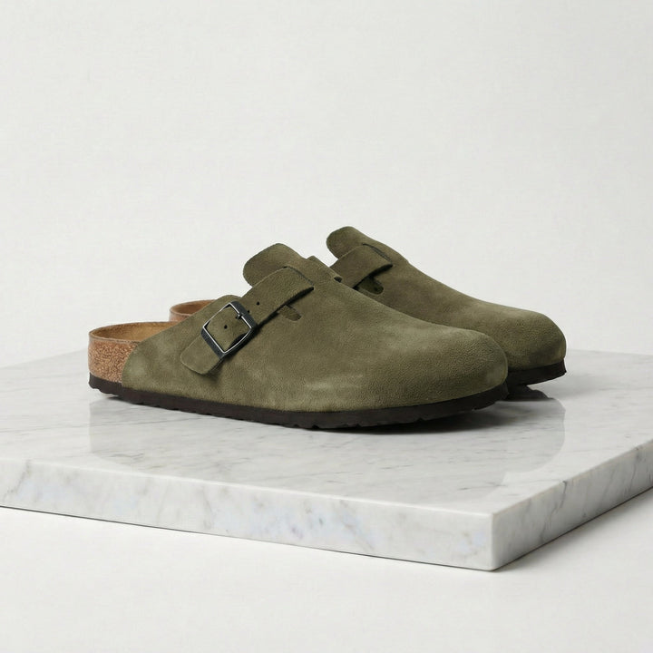 Men's Suede Clogs - Comfortable Slip-On Loafers with Leather Insole — Olive