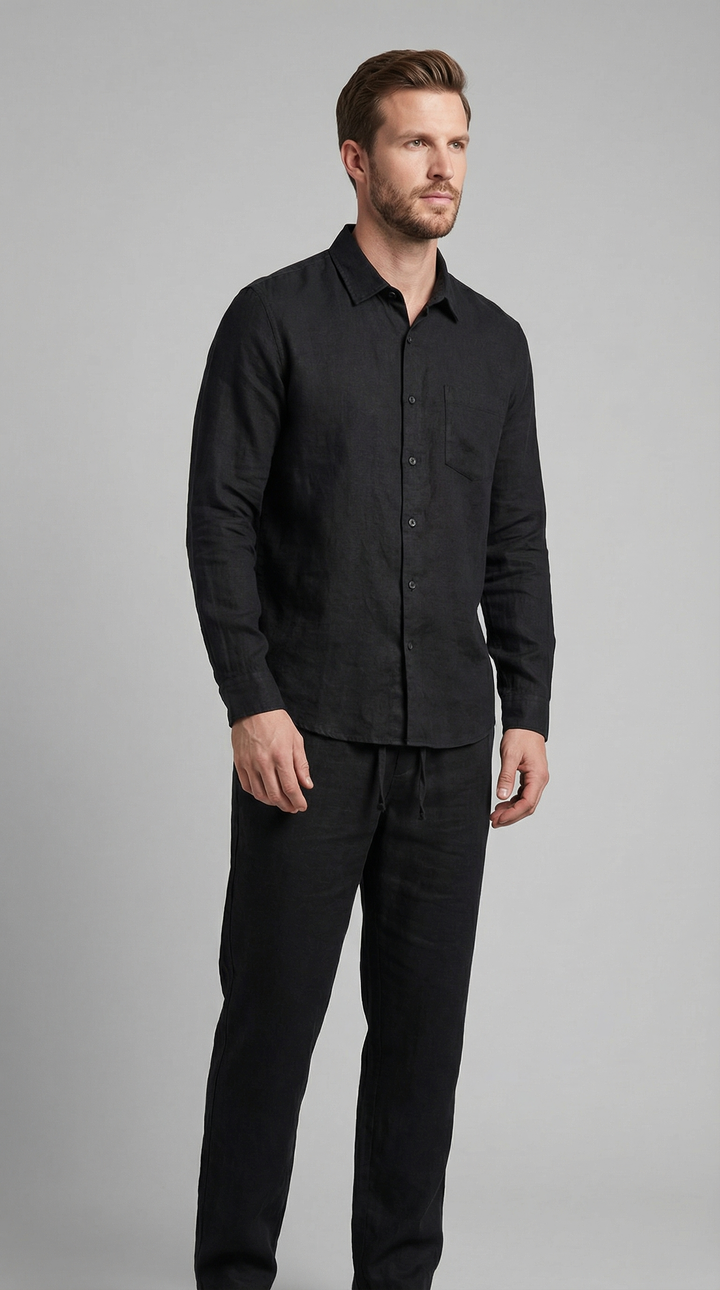 Men's Linen Co-Ord Shirt and Trouser Set - Slim Fit Resort Wear — Black