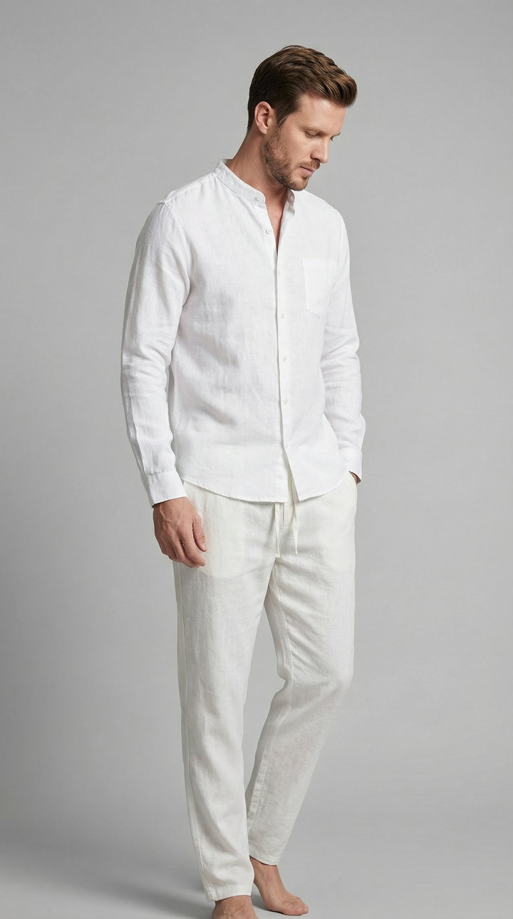 Men's Linen Co-Ord Shirt and Trouser Set - Slim Fit Resort Wear — White